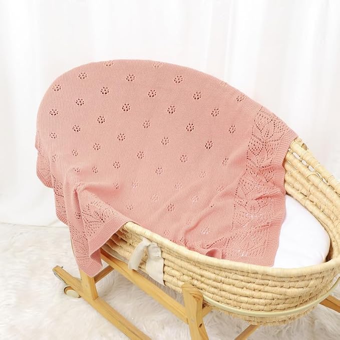 LAWKUL Blanket Baby Cellular 100% Cotton Knitted Soft Knit Crochet Blankets for Newborn Boy Girls Toddler Pink 100x80cm