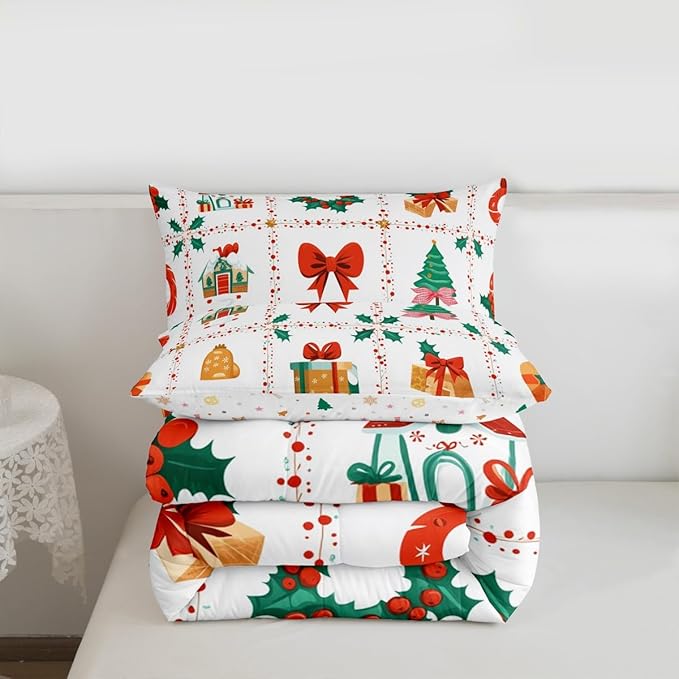 Feelyou Christmas Decor Kids Comforter Set Twin Size Red Bowknot Bedding Set New Year Gift Duvet Quilt for Kids Boys Girls Bedroom Happy New Year Decor Microfiber Ultra Soft Breathable
