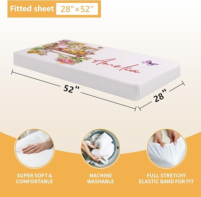 Custom Baby Crib Bedding Set, 5 Pcs Personalized Name Baby Crib Sets for Infant Toddler, Yellow Bee Nursery Bedding Set for Boy Girl, Double Layer Flannel Baby Bedding Sets Customized Gifts
