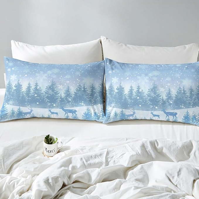 Manfei Blue Glitter Duvet Cover Set Full Size, Xmas Trees Deers Snowflakes Print Comforter Cover with 2 Pillowcases, New Year Theme Bedding Set 3pcs for Kids Girls Teens Bedroom Decor,No Comforter