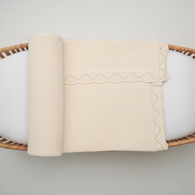 Baby Knit Blanket Soft Breathable Cotton Scallop Border Blankets Newborn Knitted Blanket Swaddle Blankets Gifts for Baby Newborn Toddler Shower Boy Girl New Mom Birthday Christmas Cream 30x30