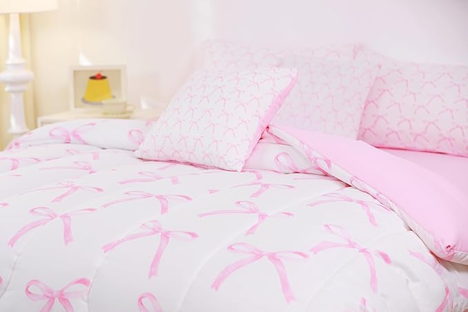 7 Pieces Cartoon Bowknot Kids Comforter Twin,Pink Bow Tie Butterfly Knot Princess Bedding Set,Watercolor Bow Patchwork Pink White（Comforter+Fitted+Flat Sheet+2 Pillowcases+2 Throw Pillow Covers）