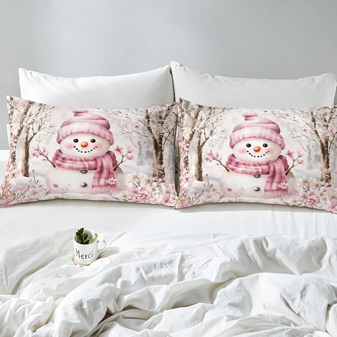 Manfei Christmas Kids Duvet Cover Set Twin Size, Cute Snowman Xmas Bedding Set for Boy Girls Room Decor, Pink Flower New Year Comforter Cover, Soft Polyester Quilt Cover, 1 Pillowcase, No Comforter