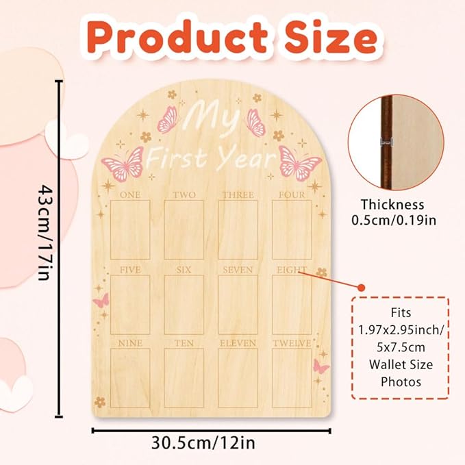 ORIGACH My First Year Baby Growth Photo Display Wood Board - 12 Months Newborn Milestones Picture Frame - Neutral Baby Keepsake Board 1st Birthday Party Nursery Decor New Mom Gift - Pink Butterfly