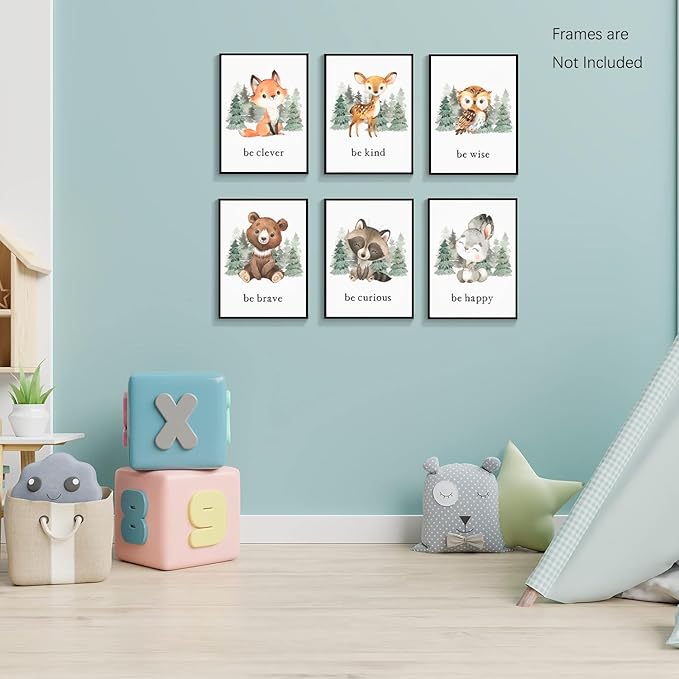 Wodkwq Nursery Wall Art Woodland Animal Canvas Prints Baby Girl Boy Room Decor Cute Poster Pictures Forest Theme Toddler Room Decoration Painting Set of 6 for Kids Bedroom Bathroom 12x16in Unframed