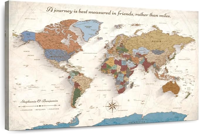 ElephantStock - Personalized Journey V Push Pin World Map Wall Art - Horizontal Canvas Wall Art - Living Room Wall Decor - Digital Art Map Canvas Art - Beige And Orange Decor - 36" x 24"