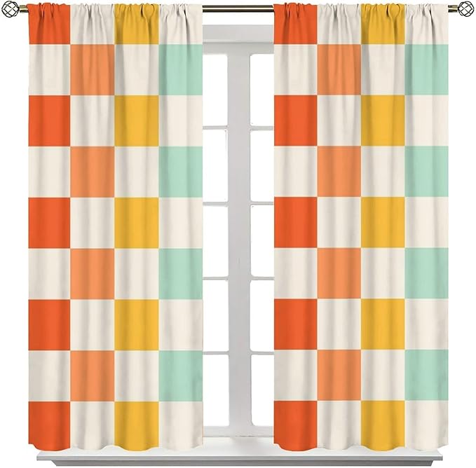 70s Retro Curtains,Cute Green Pink Yellow Checkered Hippie Window Treatments for Kids Girl Bedroom Window 52"" W X 84"" L, Style-7