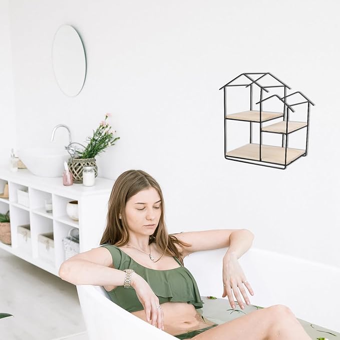 Modern Solid Wood Wall Shelf with Frame House-Shaped Wall-Hanging Storage Rack Stylish and Practical Floating Shelf for Home Kitchen Bedroom Organization