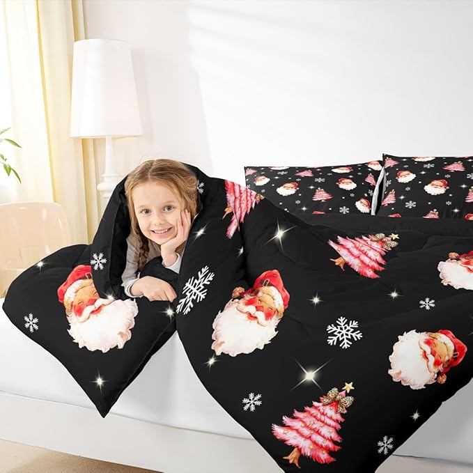 jejeloiu Kids Christmas Theme Comforter Set King Size Xmas Tree Cute Santa Claus Bow Bedding Set for Boys Girls Teens Winter Snowflake Happy New Year Duvet Quilt Room Decor