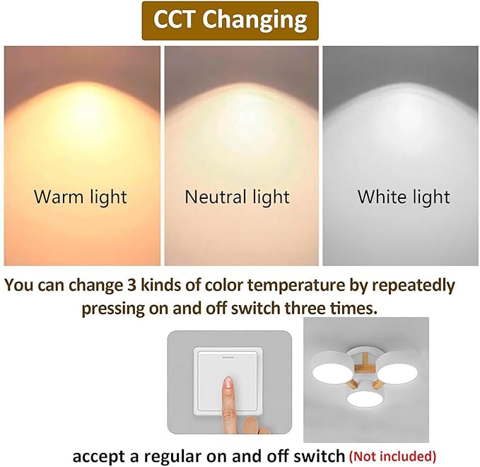 LED Flush Mount Ceiling Light Fixture with 3000K/4000K/6000K Temperatures Selectable,21Inch 33W Chandelier Modern Wood Ceiling Lamp for Bedroom Kitchen, 3-Lights Indoor Lighting White Pendant Light