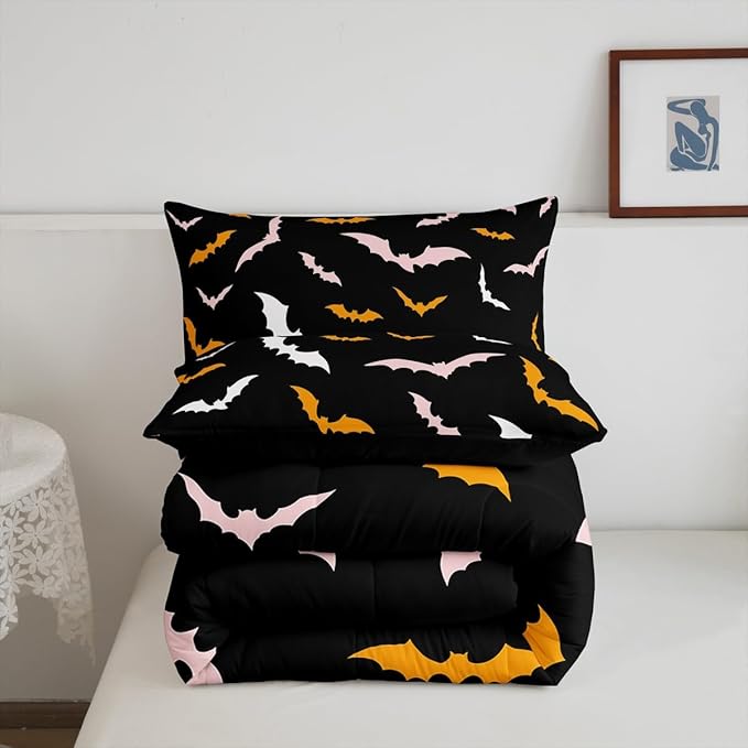 Erosebridal Bat Bedding Set Happy Halloween Comforter Set Toddler Size for Kids Boys Bedroom Pink and Orange Bat Quilt Gothic Spooky Style Duvet Insert with 1 Pillow Case