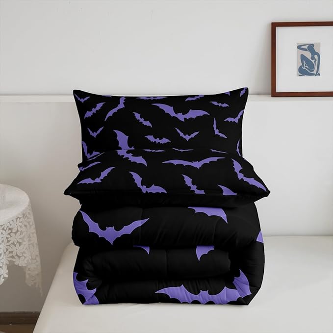 Erosebridal Happy Halloween Comforter Set with 2 Pillow Cases Dark Purple Gothic Bats Quilt King Size for Kids Boys Black Spooky Cartoon Gothic Bedding Set