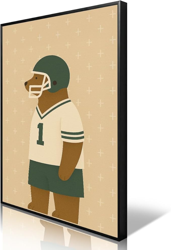 Football Poster Canvas, Baby Boy Sports Nursery Wall Art, Animal Bear Athletes Pictures, Run Fast Jump High Charming Quote Print, Kids Bedroom Soccer Equipment & Field Decor 8x12in Framed
