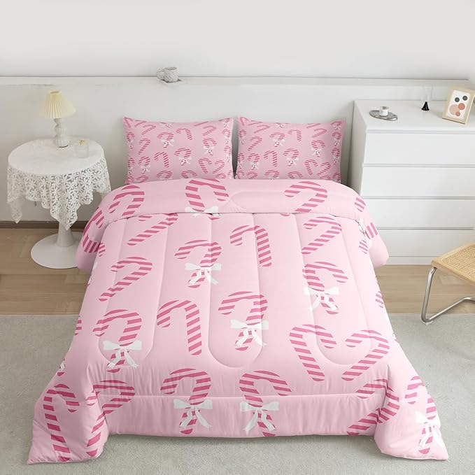 Feelyou Merry Christmas Comforter Set Queen Size Pink Candy Cane Bedding Set for Kids Boys Girls Bow Duvet Quilt Bedroom Decor Microfiber 3 Pcs with 2 Pillow Cases