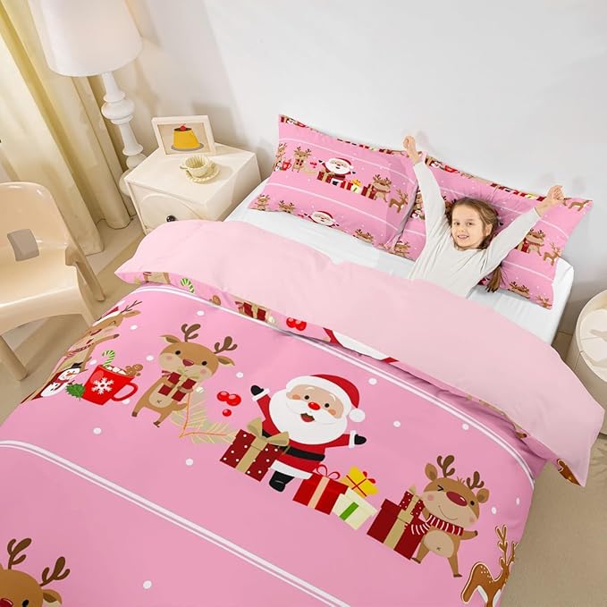Christmas Bedding Duvet Cover Set Kids Cartoon Santa Claus Bedding Set Boys Girls Deer New Year Decor Comforter Cover Set Microfiber Gift Boxes Xmas Theme Bedspread Cover Bedroom Bedclothes Queen Size