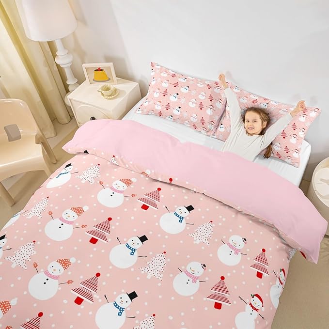 Christmas Duvet Cover Cartoon Snowman Christmas Tree Bedding Set Snowflake Comforter Cover for Boys Girls Children Teens Bedroom Decor Pink Xmas Theme Bedspread Cover Twin Size With 1 Pillow Case