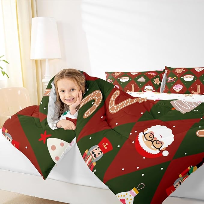 Feelyou Merry Christmas Bedding Set Soft for Boys Girls, Santa Claus Comforter Set Queen Size Xmas Tree Nutcracker Soldier Duvet Quilt Gingerbread Man Bedroom Decor 3 Pcs with 2 Pillow Cases
