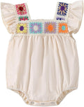Gaono Newborn Baby Girl Smocked Bubble Romper Cute Boho Summer Clothes Ruffle Sleeveless Crochet Flower Vintage Bodysuit
