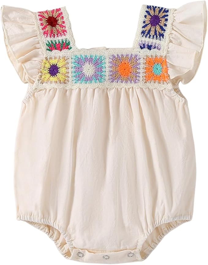 Gaono Newborn Baby Girl Smocked Bubble Romper Cute Boho Summer Clothes Ruffle Sleeveless Crochet Flower Vintage Bodysuit