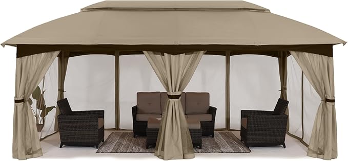 ABCCANOPY Outdoor Patio Gazebo 10x20 - Double Roof Canopy with Mosquito Netting for Backyard, Deck, Garden, Lawn, Khaki