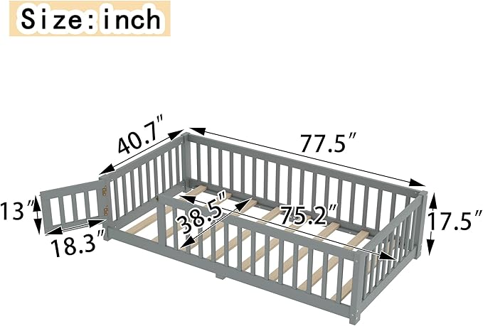 Bellemave Twin Size Floor Bed Frame with Fence and Door for Kids, Montessori Floor Bed with Slats and Safety Guardrails,Solid Wood Twin Bed Frame for Girls Boys,Grey