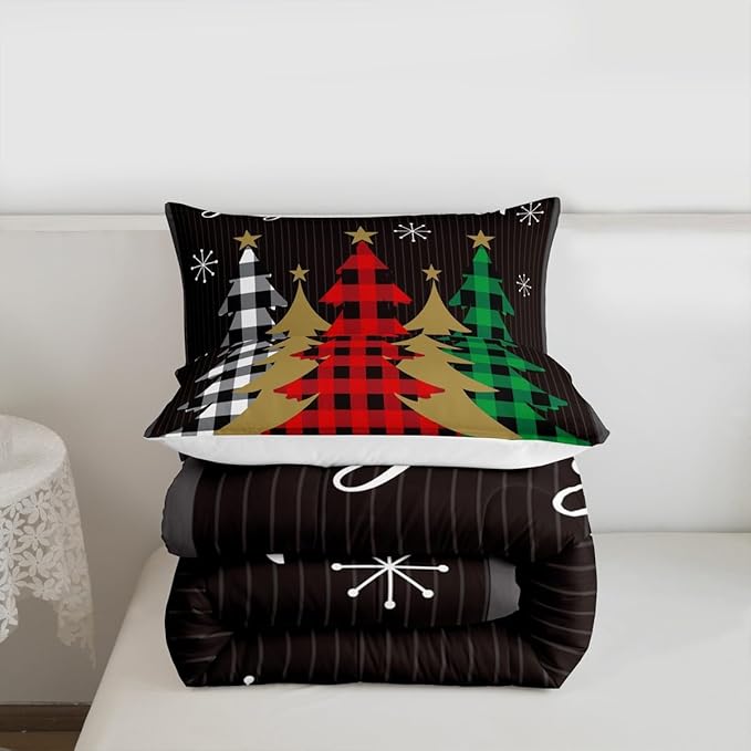 Christmas Kids Comforter Set Full Size,Plaid Pine Trees Snowflake Bedding,Girls Boys Adults Bedroom/Xmas Cabin Decor,Geometric Lines Stylish Down Comforter,Rustic Colorful Duvet Insert,2 Pillowcases