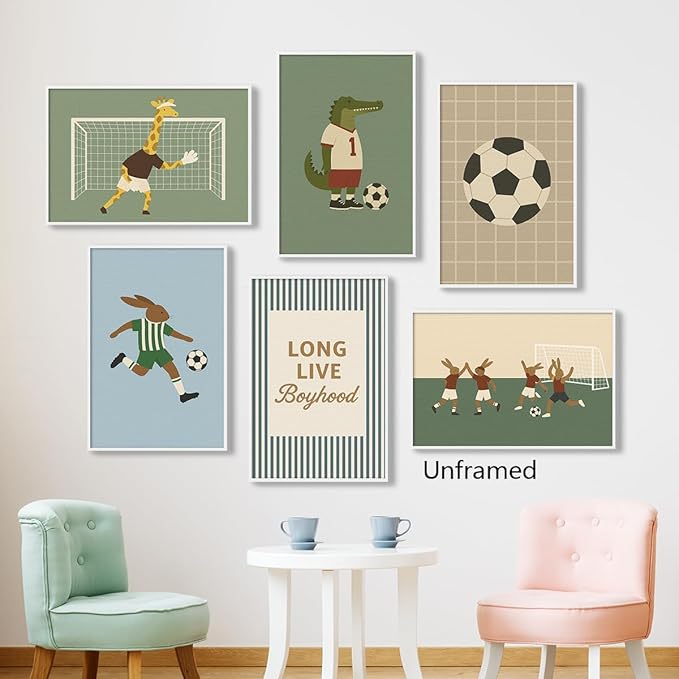 Soccer Posters, Nursery Animal Sports Posters, Long Live Boyhood Inspirational Quote Print, Football Athletes Giraffe Rabbit Crocodile Pictures, Boys Bedroom Sports Artwork 12x16in Framed