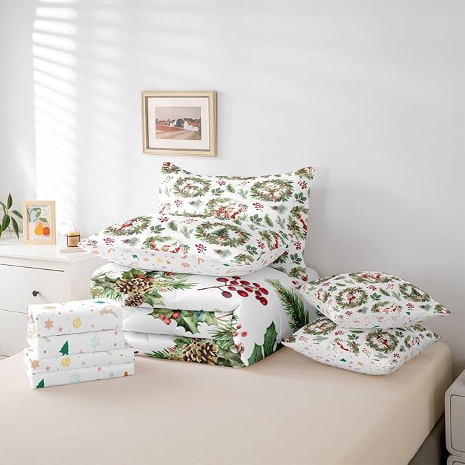Erosebridal Kids Xmas Santa Claus Bedding Set King Xmas Elk Deer Comforter Set 7 Piece Woodland Pine Berry Bed in A Bag for Adults Green Christmas Decoration Quilt with Flat Fitted Sheet