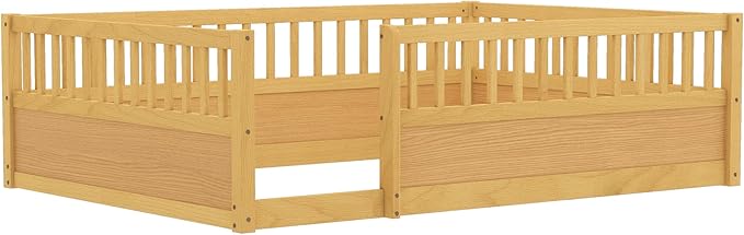 Kids Montessori Floor Bed,Full Size Floor Bed with High Fence and Door,Full Bed Frame with Guardrails for Kids,Girls,Boys,Full,Natural