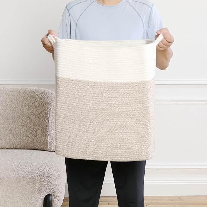 Tall Laundry Basket With Handles,Woven Cotton Rope Big Laundry Hamper Sorters,Versatile Storage for Dirty Clothes,Baby Toys,and Blankets in Bathroom, Nursery,and Living Room (White Brown, 50L)