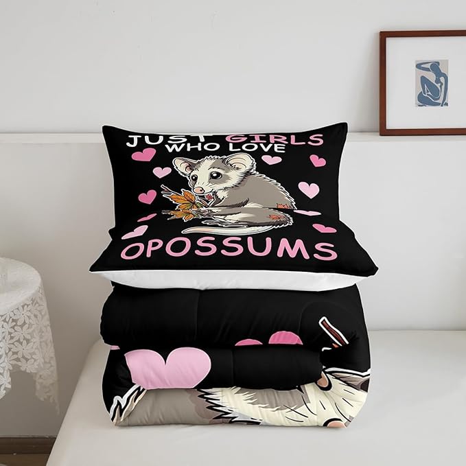 Girl Pink Love Heart Pattern 3 Pcs Comforter/Duvet Set,Cute Cartoon Animal Theme Ultra Soft Bed Collection,Opossum Bedding for Room Decor 3 Pcs,Microfiber Breathable,King
