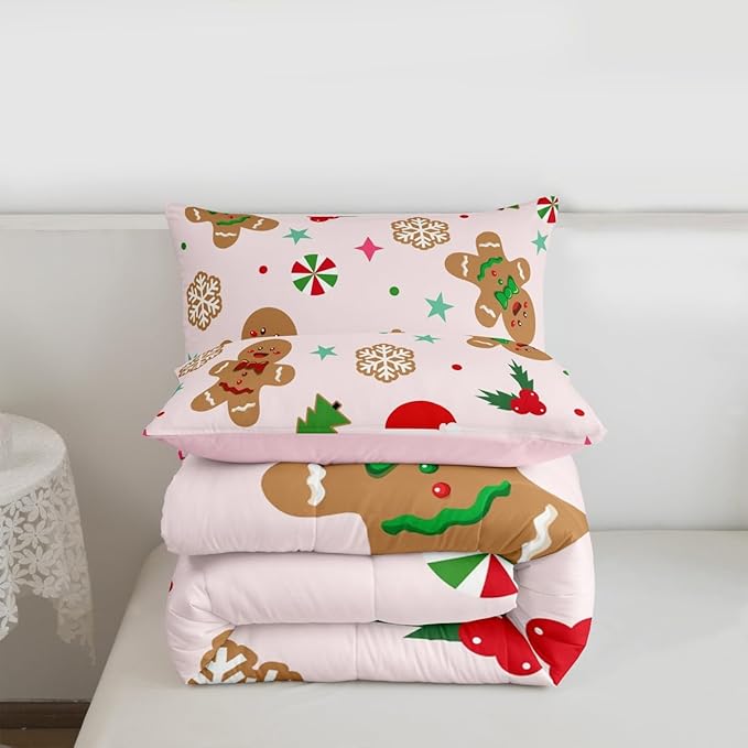 Feelyou Merry Christmas Kids Comforter Set Queen Size Gingerbread Man Bedding Set Xmas Tree Duvet Quilt for Kids Boys Girls Bedroom Red Berries Snowflake Decor Microfiber Ultra Soft Breathable