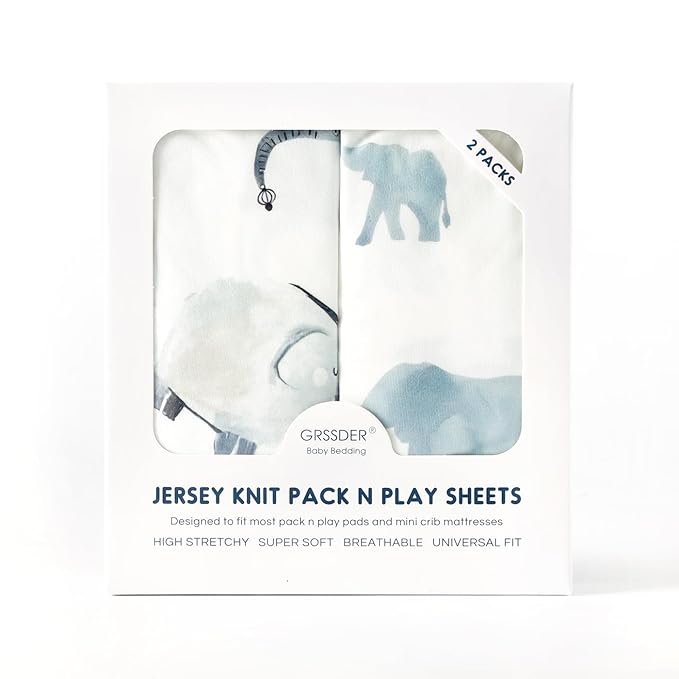 Pack n Play Sheets Fitted 2 Pack, Stretchy Ultra Soft Jersey Knit Pack and Play Sheets, Universal Fitted Portable/Mini Crib Mattresses Snug and Safe, Cute Elephant Print for Boys and Girls