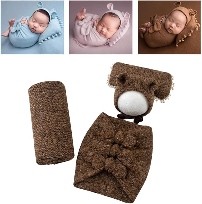 Vemonllas Newborn Baby Boy Girl Photography Props Bow Wrap, Posing Aid, Hat and Blanket Set of 4 Pcs