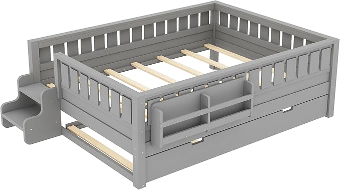 Bellemave Full Bed with Trundle and Stairs, Full Size Platform Bed Frame with Fence and Bookshelf, Easy Assemble Beds for Kids, Girls, Boys, Gray