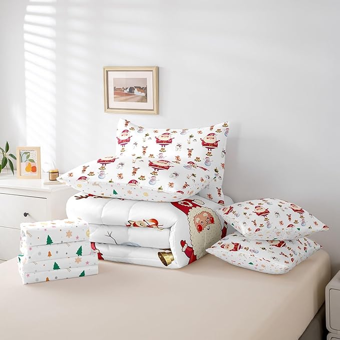 Feelyou Christmas Bed Set Cute Snowman Santa Claus Kids Decorations Bed in a Bag Boys Girls Bear Rabbit Comforter Set with Sheets Christmas Bells Design White Bedding Set Bedding King Size
