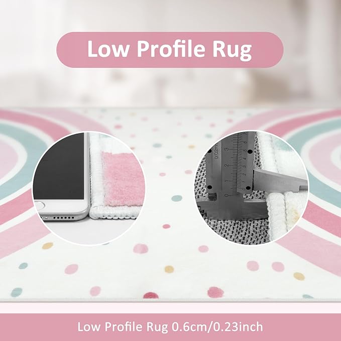 STARUIA 4x6 Washable Rainbow Rug for Nursery Kids Room, Soft Polka Dot Pink Area Rugs for Girls Bedroom, Non-Slip Carpet Kids Rug for Playroom Princess Castle