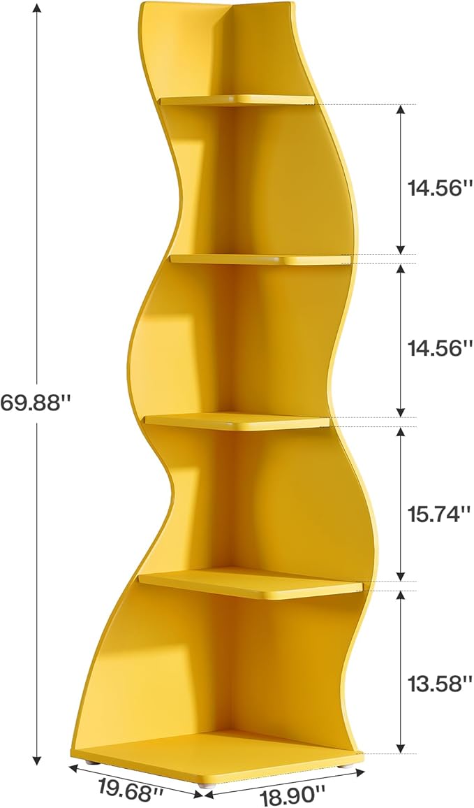 Tribesigns Wavy Corner Shelf, Modern 5-Tier Bookshelf Bookcase with Curvy Shape, Unique Plant Stand Display Rack for Living Room Small Space (Yellow)