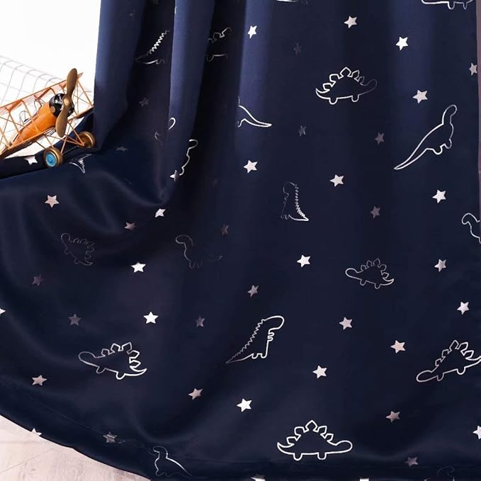 LORDTEX Dinosaur and Star Foil Print Blackout Curtains for Kids Room - Thermal Insulated Curtains Noise Reducing Window Drapes for Boys and Girls Bedroom, 52 x 63 Inch, Navy, Set of 2 Panels