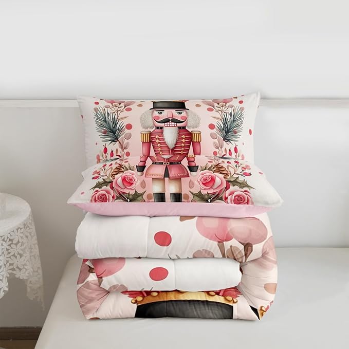 Feelyou Christmas Decor Nutcrackers Comforter Set All Season Pink Christmas Bedding Set with 1 Pillow Cases Funny Nutcracker Kids Toddler Bedclothes Rose Decor Berries Duvet Quilt Soft Lightweight