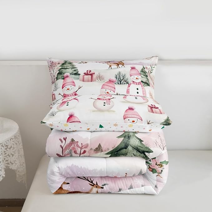 Manfei Merry Christmas Comforter Set King Size,Cute Snowman Pine Trees Deer Bedding Set 3pcs,New Year Theme Down Comforter for All Season,Kids Boys Girls Room Decor,2 Pillowcases,No Sheets