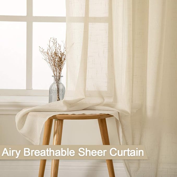 MIULEE 2-Panel 96 Inch Natural Light Beige Linen Semi-Sheer Window Curtains - Elegant Solid Drapes with Grommet Top for Bedroom & Living Room (52" W x 96" L)