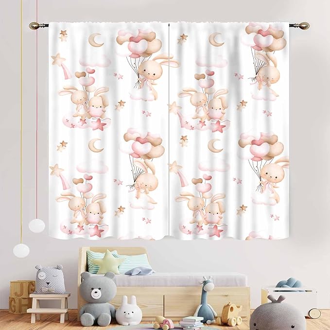 Rabbits Curtains, Kids Boys Girls Cartoon Cute Lovely Animals Moon Cloud Ballon Pastel Pink Window Drapery Treatments for Baby Living Room Bedroom Nursey Toddler 2 Panels, 42"x45" Inch