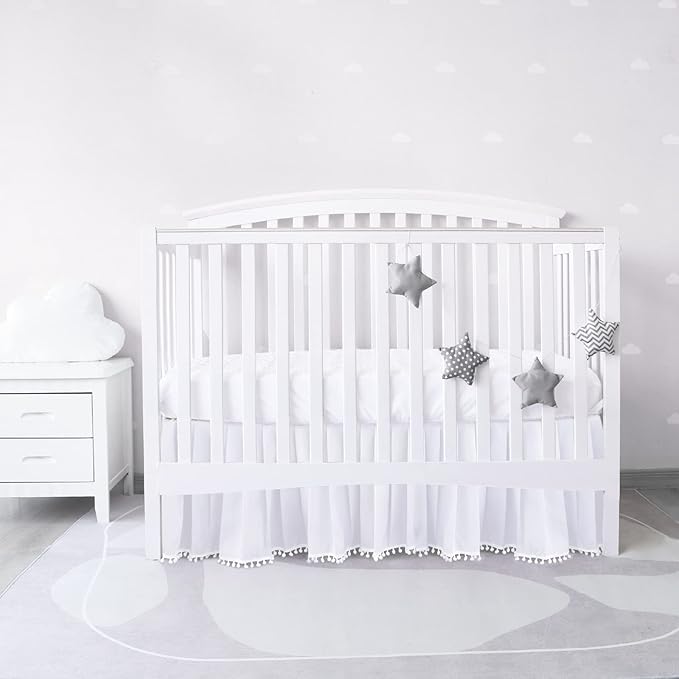 Crib Bed Skirt White for Girls Boys Pleated with Tassel Pompoms Dust Ruffled 14" Drop, Fit All Standard Crib Toddler Bed Skin-Friendly & Soft Machine Washable Nursery Bedding Skirts