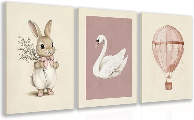 kilamino Pink Baby Girl Nursery Wall Art, Neutral Cute Rabbit and Swan Wall Decor, Vintage Hot Air Balloon Poster Prints, Pastel Bunny Animals Canvas Paintings for Baby Room Playroom Framed 12"x16"x3
