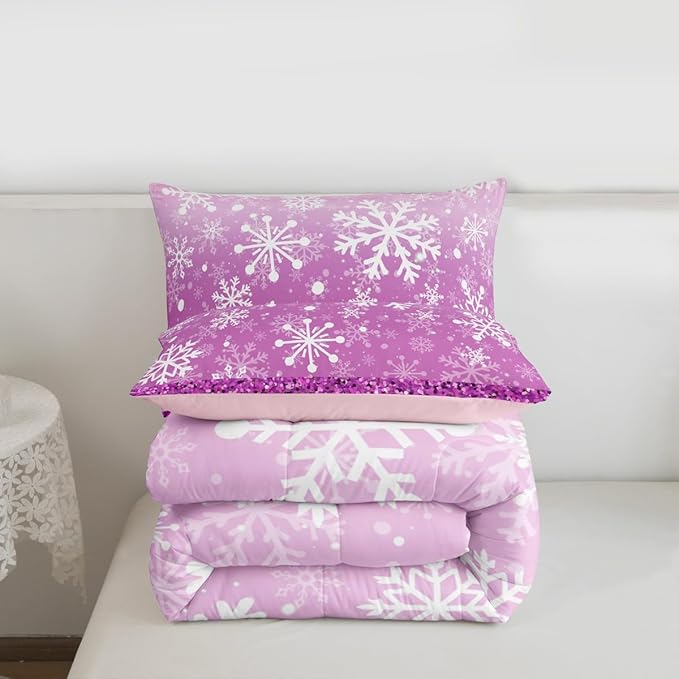 Feelyou Pink Snowflake Comforter Set King Size Winter Snowflake Bedding Set for Kids Boys Girls Christmas Duvet Quilt Glitter Print Bedroom Decor Microfiber 3 Pcs with 2 Pillow Cases