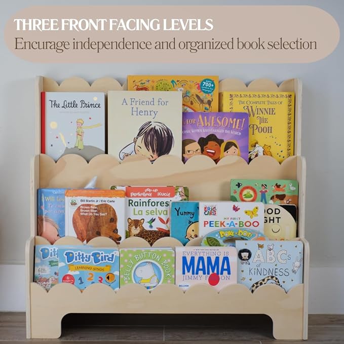 CAALMA Premium Scalloped Bookshelf for Nursery & Kids Bedroom - 29.5x27.5 in - 3-Tier Wooden Montessori Bookshelf - Kids Bookcase for Nursery, Playroom or Classroom, Minimalist Toddler Book Shelf
