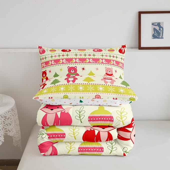 Erosebridal Merry Christmas Comforter Set Kids Twin Size Xmas Tree Decor Quilts Snowflake Bedding Set Cute Colourful Bear Duvet Insert with 1 Pillow Case