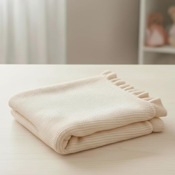 Cotton Baby Blanket with Ruffle Edge Soft Breathable Newborn Blanket for Boys & Girls, Lightweight Knit Throw for Crib, Stroller & Nursery Multiple Colors Available Cream 30x30