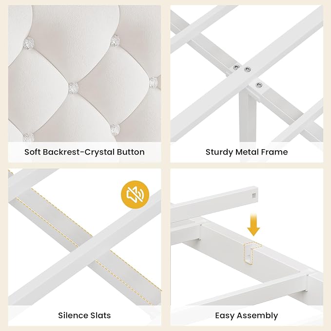 BTHFST Full Bed Frame with Storage Headboard & 4 Drawers, Girl Upholstered Storage Bed with LED Lights & Charging Station, No Box Spring Needed, Easy Assembly, Beige